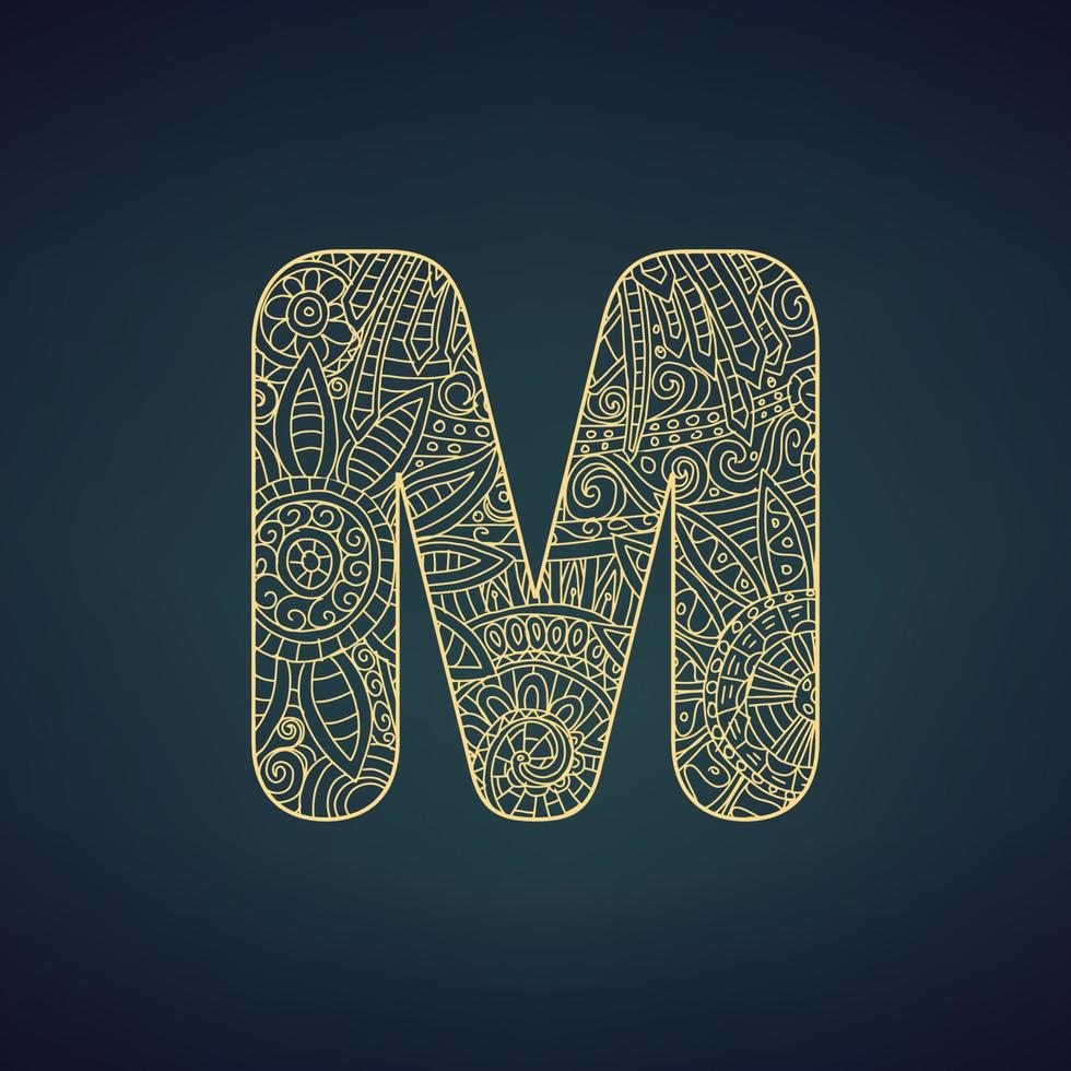 Letter M in doodle style, mandala. Alphabet in the golden style, vector illustration for coloring page