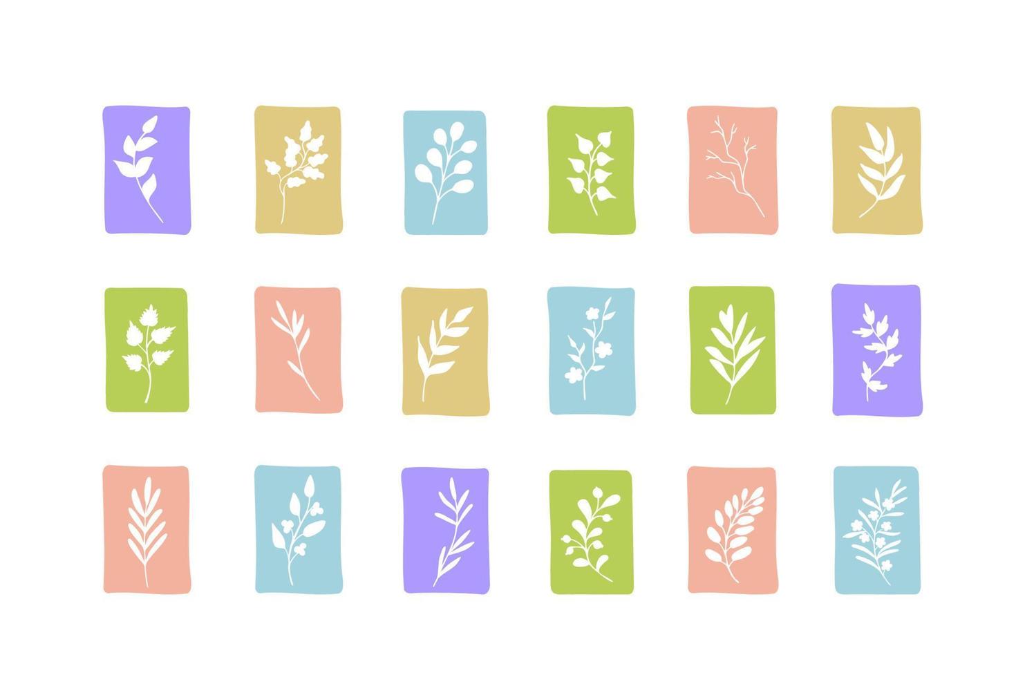 Silhouettes of various leaves, twigs, herbs, plants on colourful backgrounds. Organic, natural, eco tags. Sketchy design element collection vector