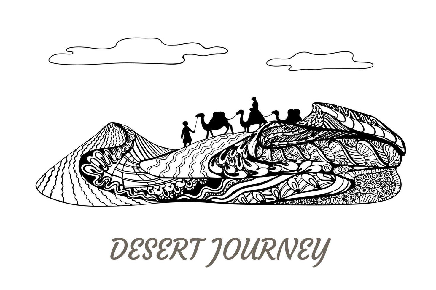 viaje por el desierto, camellos y camelleros caminando sobre el paisaje de dunas de arena. Arte conceptual de zentangle elegante y ornamentado, diseño horizontal en blanco y negro para impresiones vector