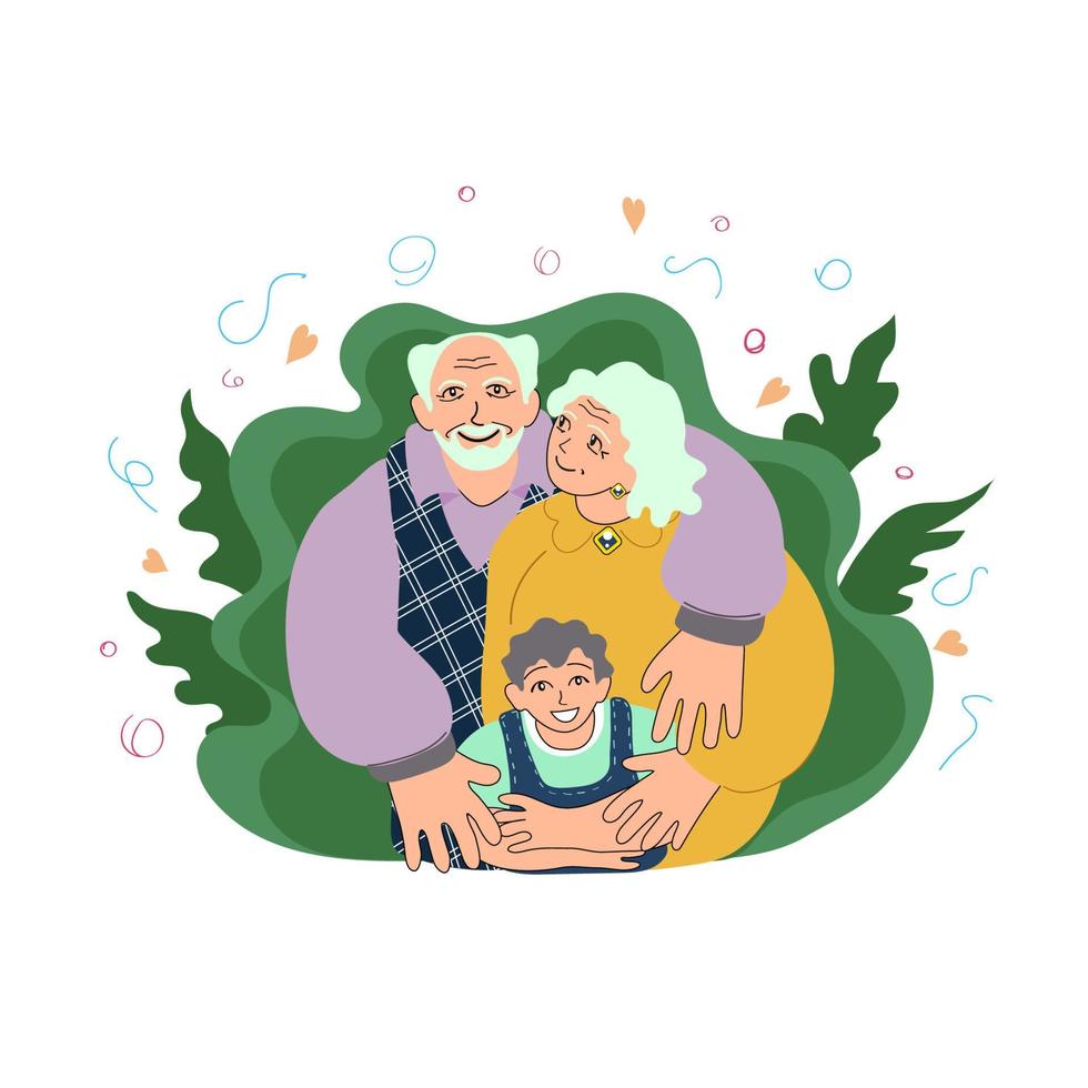 Happy european grandparents with a little boy. Elderly europeans, caucasians smiling. Love, bond concept, old family members together with grandchild. Doodle style illustration vector