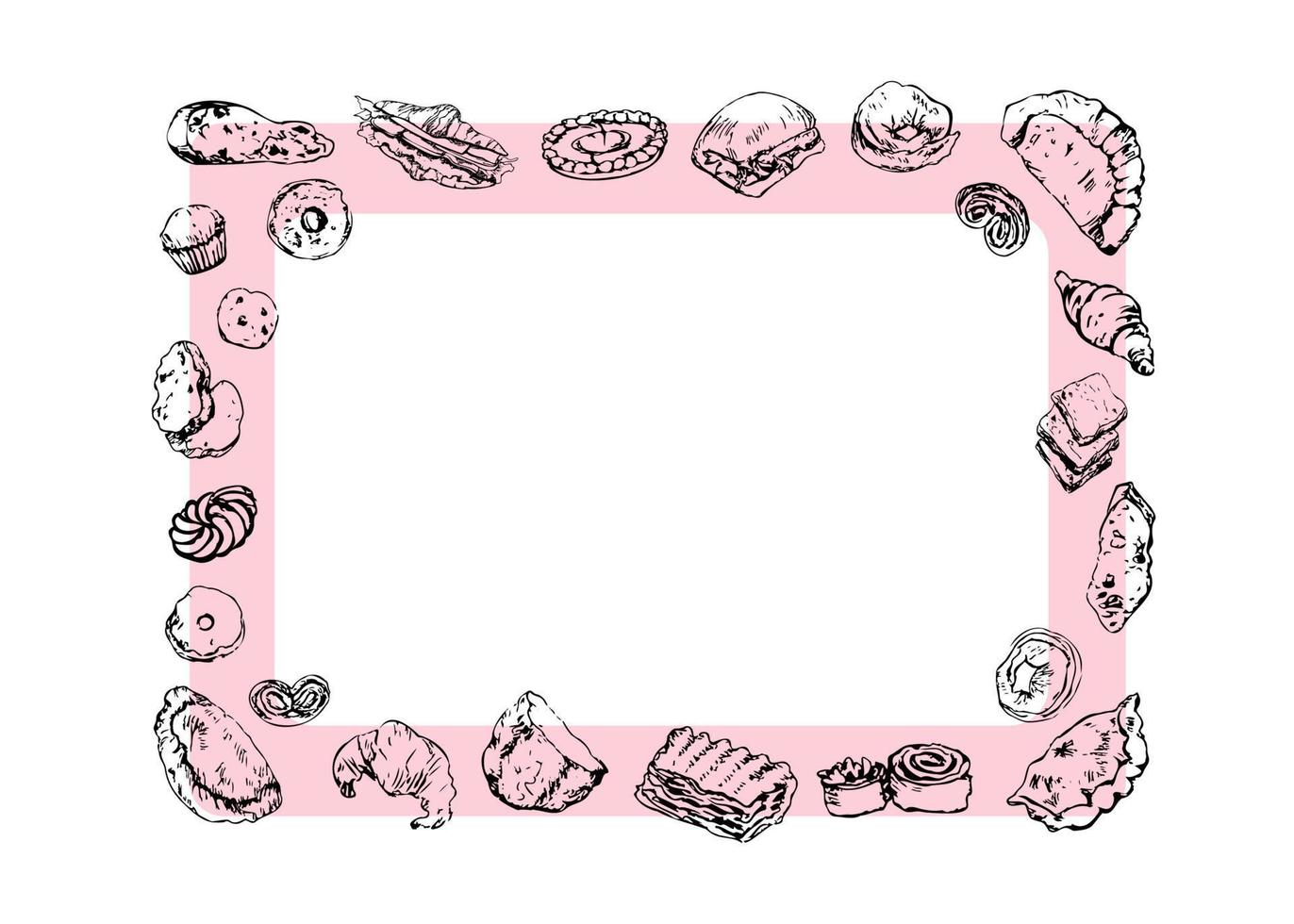 Bread and bakery goods hand drawn frame. Vintage patisserie stylized sketches. Copy space. Line art design elements for prints vector