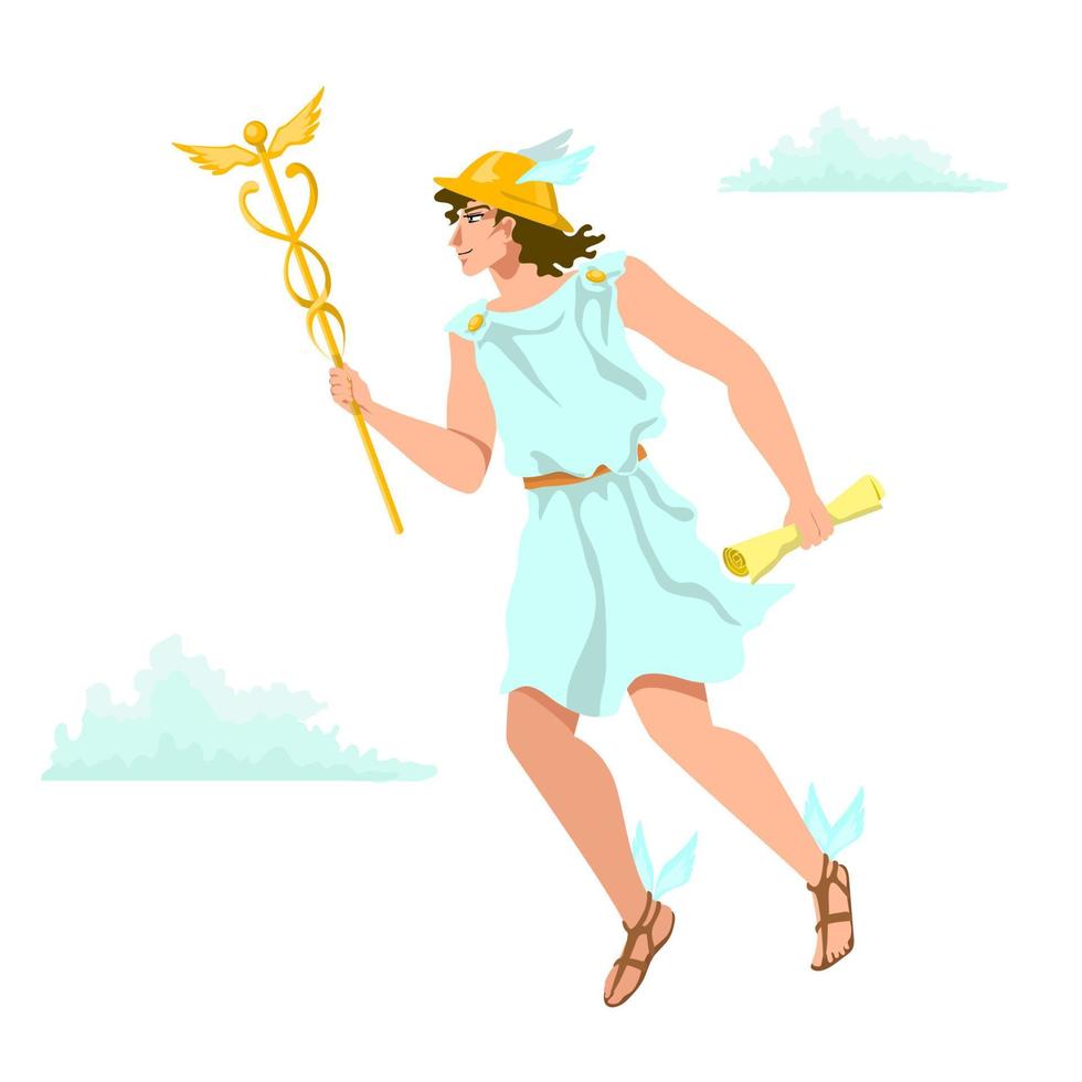Hermes, Mercury, Greek Olympian deity of merchants, commerce, sly divine trickster. Agile messenger, smiling handsome young man in white tunic, helmet, winged sandals, with scroll and golden caduceus vector