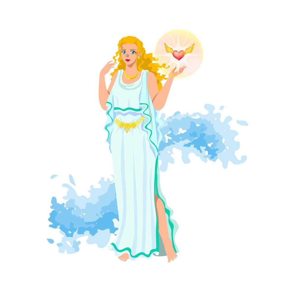 afrodita, o venus, cytherea, cypris. diosa griega del amor y la belleza, con cabello dorado, ojos azules, collar, en peplos blancos y cinturón mágico, con corazón alado brillante, espuma de mar. personaje animado vector