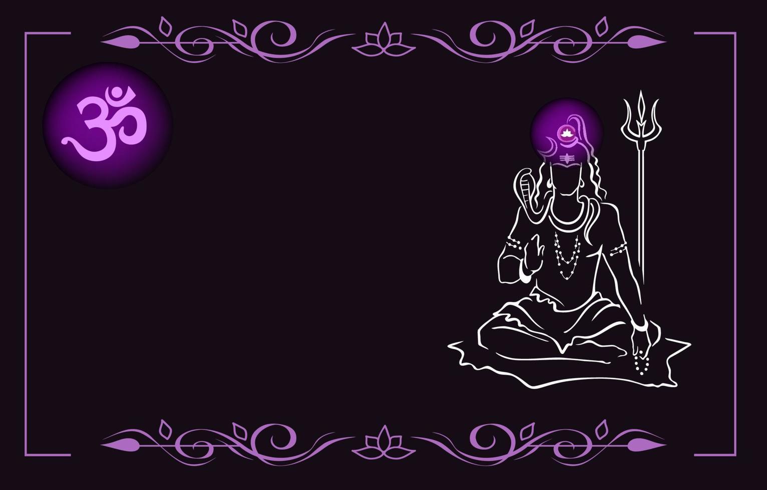 Shiva, Hindu god, giving blessing, with shiny Sahasrara crown chakra. Mahadeva, supreme deity. Aum symbol, floral frame. Modern black hand drawn image for prints vector