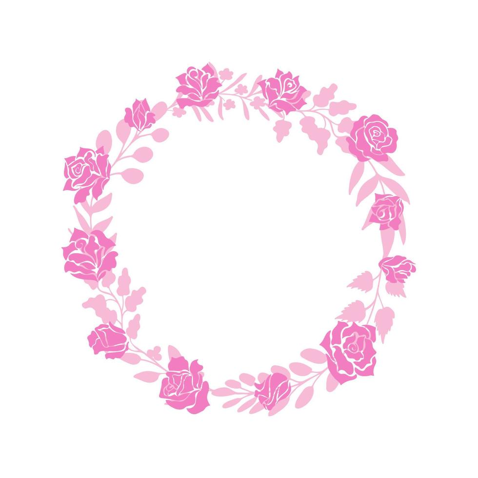 simple rosa abstracta moderna y ramitas entrelazadas en corona o marco. Naturaleza única dibujada a mano, belleza, decoración femenina y ecológica. elemento de fantasía editable aislado estilo doodle con espacio de copia vector