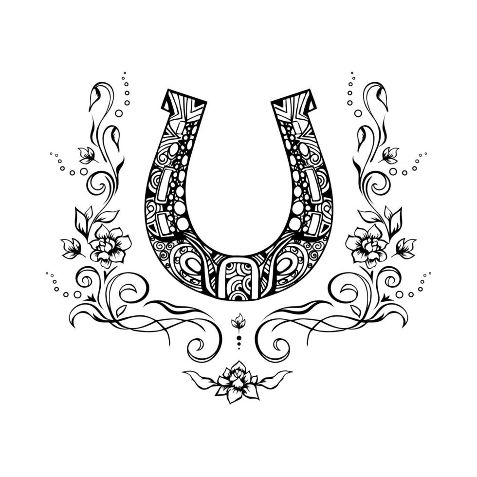 Ornate horseshoe talisman with romantic flowers and flourishes around, sketchy ink vignette, hand drawn design element. Isolated grungy tattoo, tangle style symbol of luck for prints, web vector
