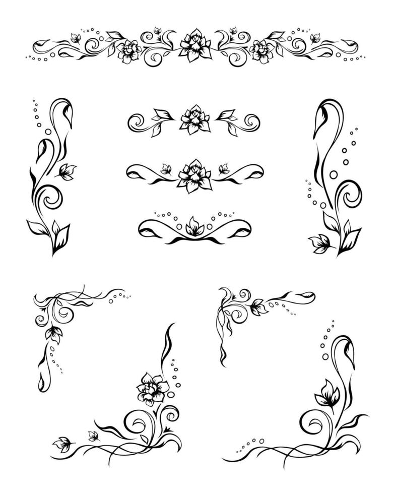 Set of various matching elegant floral text dividers and stylish frame corners with roses, buds, and flourishes. Collection of editable hand-drawn vintage ornate elements for decoration, prints vector