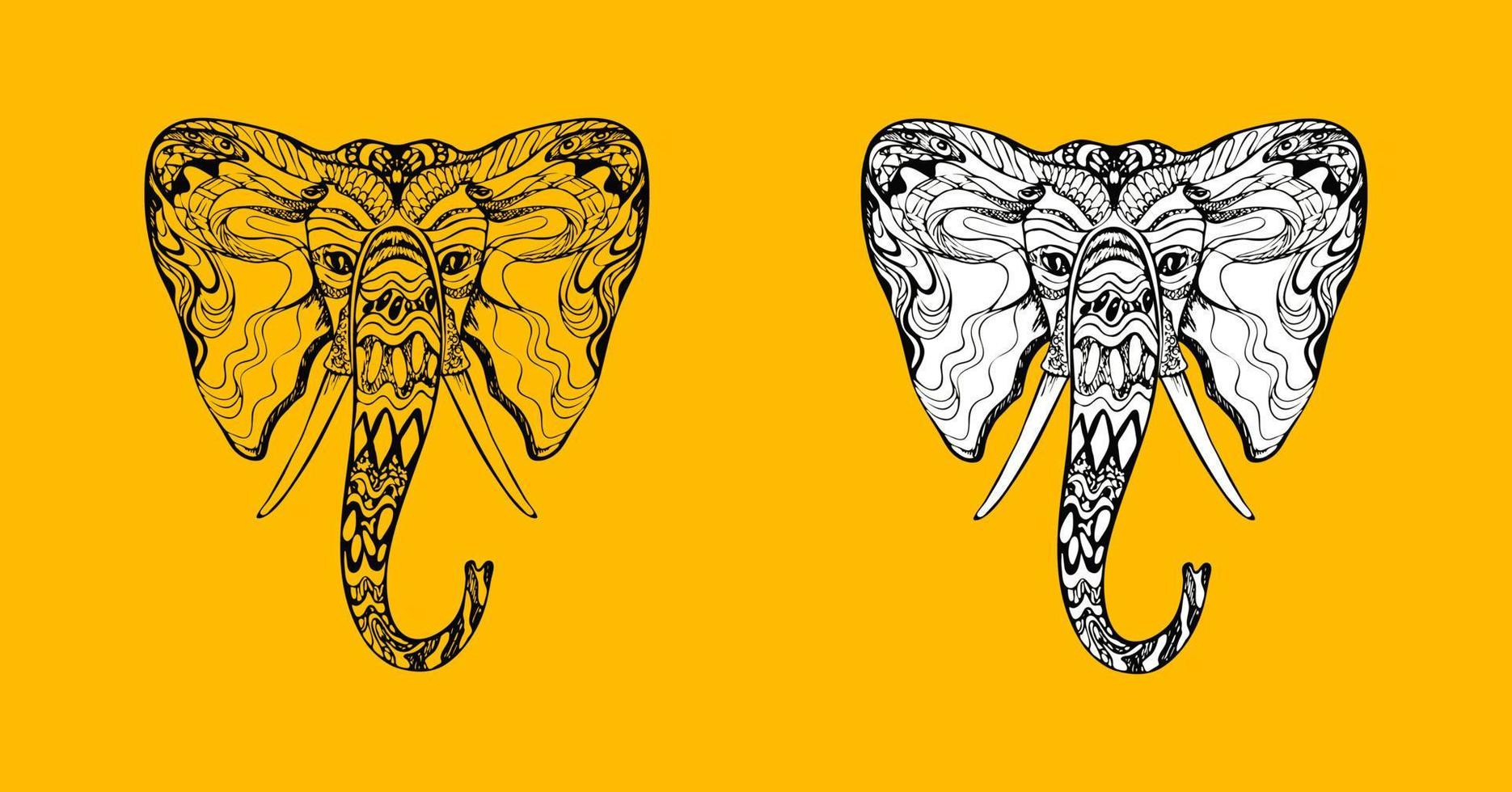 elegante tatuaje hippie enredo adornado cabeza de elefante, cara de ganesh, contorno negro étnico dibujado a mano único, contorno elegante, silueta llena de blanco, diseño de safari animal, estampados, coloración vector