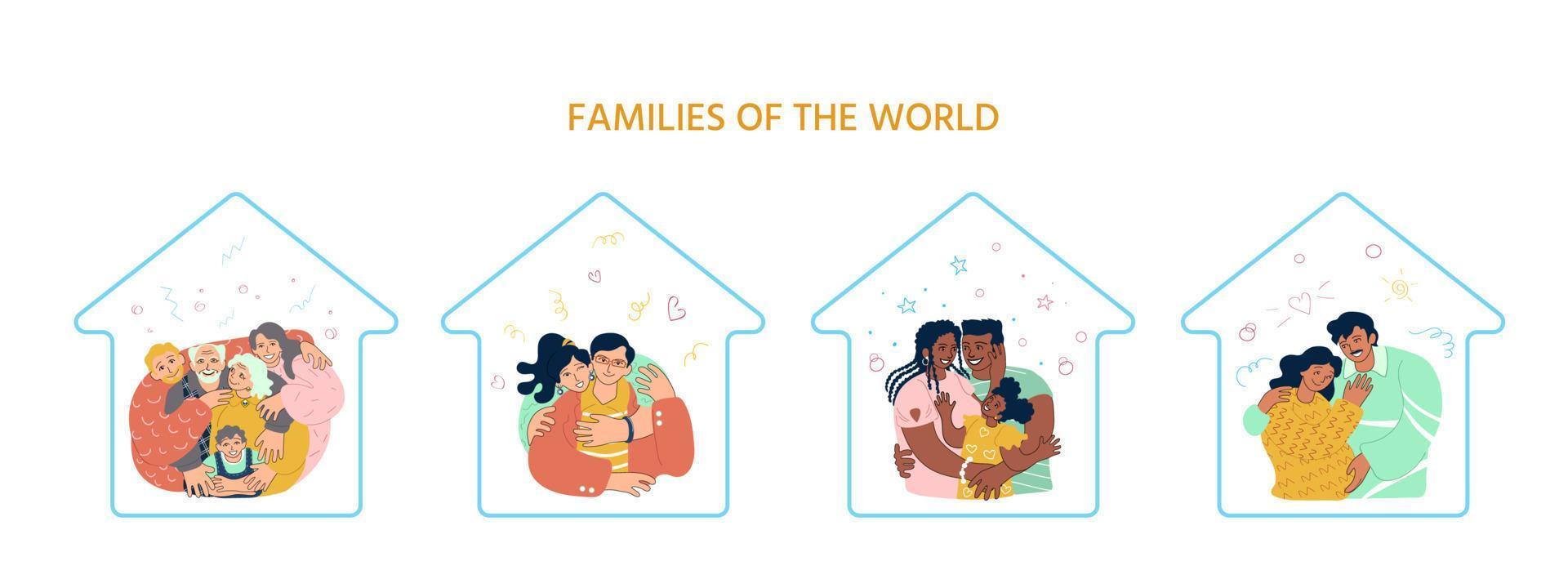 Four happy families hugging. Latin american, african american, european, caucasian, asian. Parenthood, pregnancy, couples, elderly and young people together. Doodle style illustration vector