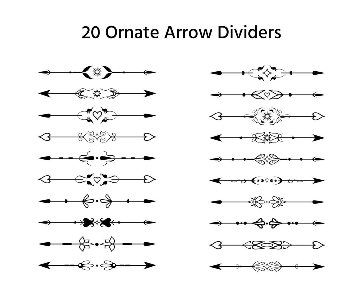 flechas de fantasía étnicas decorativas dibujadas a mano, doble filo, separadores de texto, separadores de párrafo. conjunto de elementos de borde delimitadores ornamentados para diseño, estampados, decoración, san valentín, etc. vector