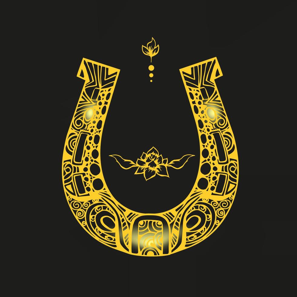 Ornate horseshoe talisman with romantic flowers and flourishes around, sketchy ink vignette, hand drawn golden element. Isolated grungy tattoo, tangle style symbol of luck for prints, web vector