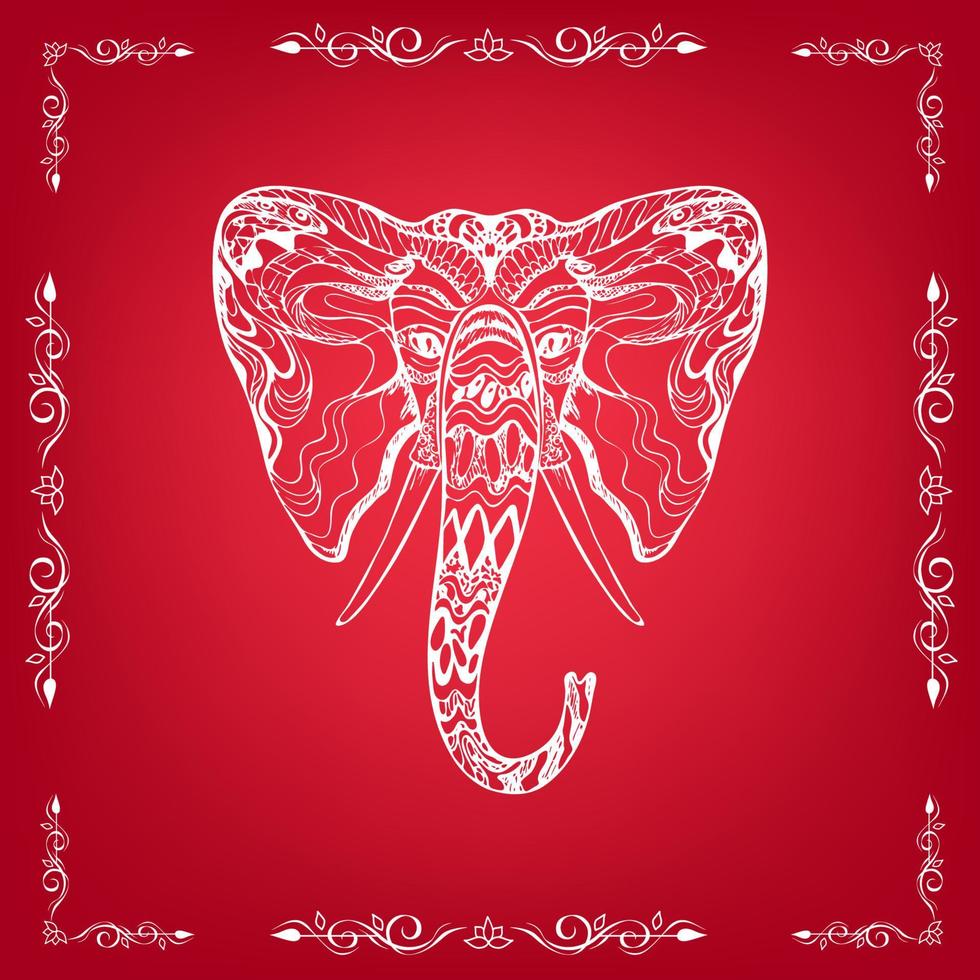 elegante tatuaje hippie enredo adornado cabeza de elefante, ganesh chaturthi, contorno blanco étnico dibujado a mano único, silueta blanca elegante, diseño de safari animal, estampados, coloración vector