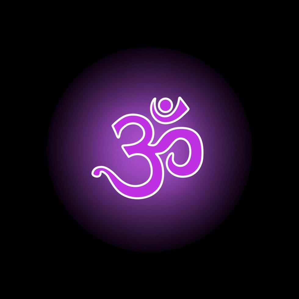 Aum symbol on black background with purple gradient shining halo. Colors of space and seventh Sahasrara chakra. Ancient emblem and mantra, initial divine sound of world essence vector