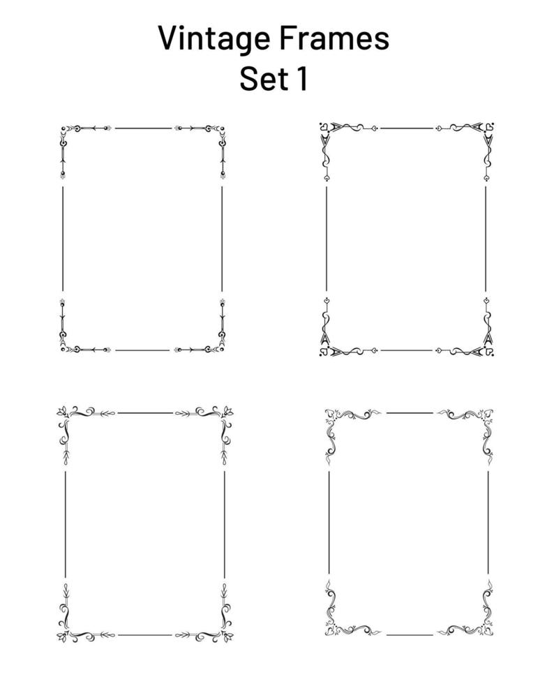 Set of 4 unique retro ornate frames with corner flourishes, collection of exclusive rectangle vignette templates, copy space hand drawn design elements, for pages, blanks, greetings, certificates vector