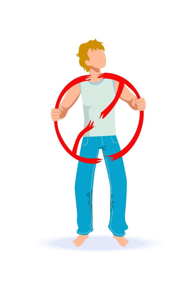 Young light-haired man in jeans, barefoot, head up, on single strike ripping red prohibition sign. Rebelling young adult, student, forbidden pride, political party, rally, concept prints, ads, call vector