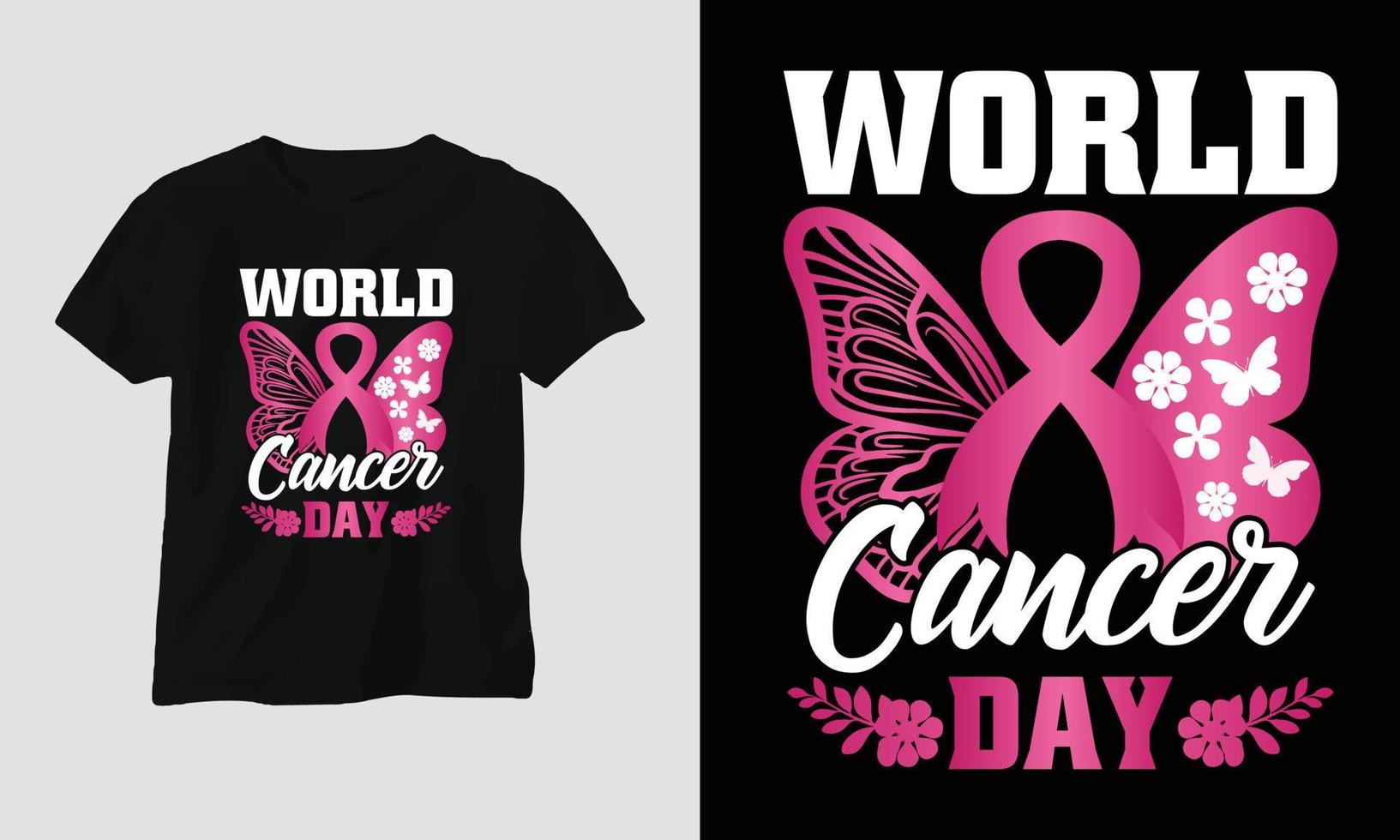 diseño de camisetas del día mundial del cáncer con cinta, puño, amor, mariposa y citas motivacionales vector