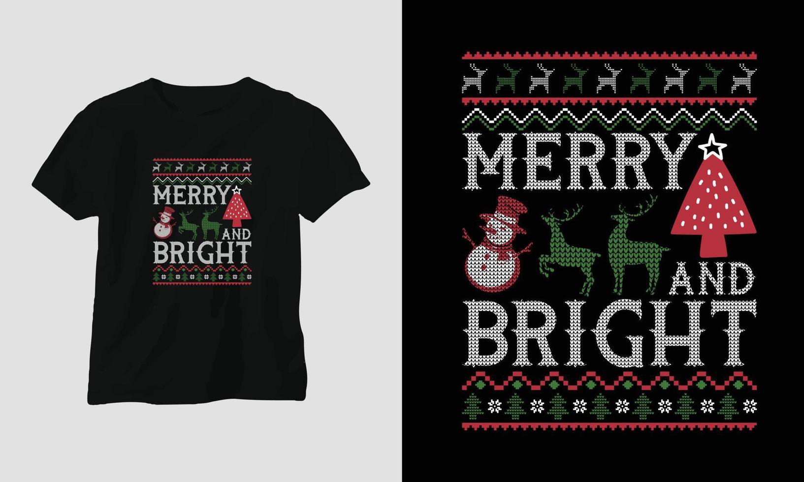 Merry and bright - Ugly Christmas Retro style T-shirt Design vector