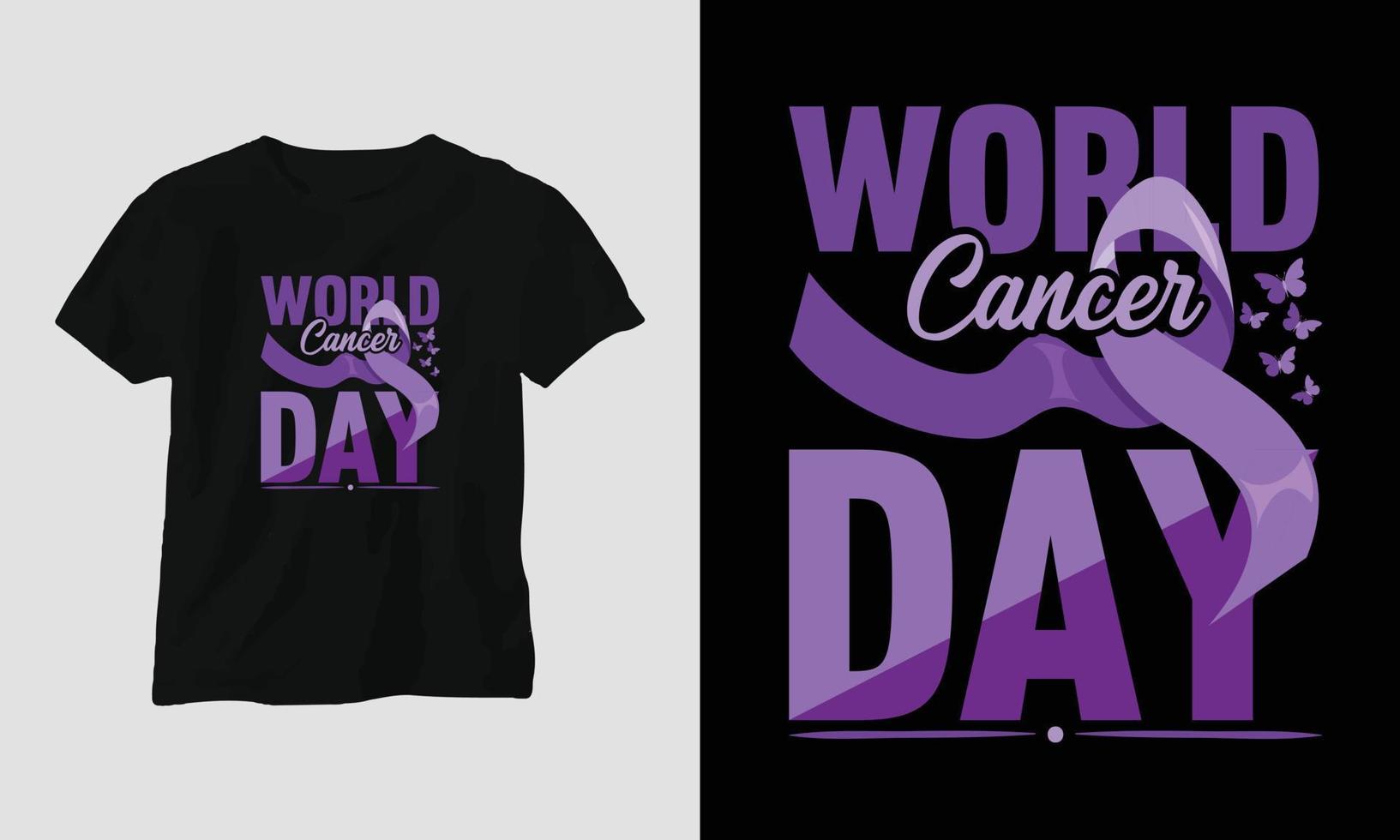 diseño de camisetas del día mundial del cáncer con cinta, puño, amor, mariposa y citas motivacionales vector