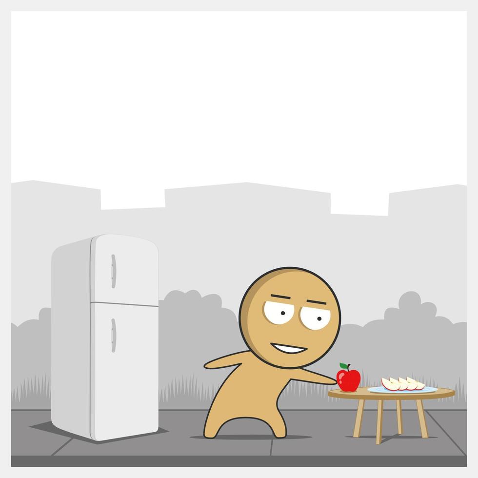 cocina, refrigerador y un hombre con una manzana vector