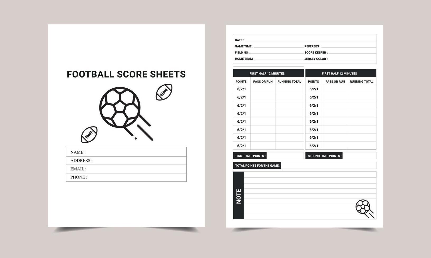 Football Score Sheets log book KDP Interior design. Printable logbook vector