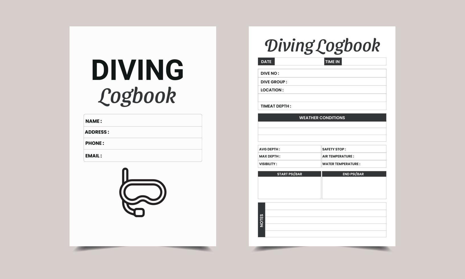 Diving Logbook book KDP Interior design. Printable logbook, Medical Visit Log Book vector