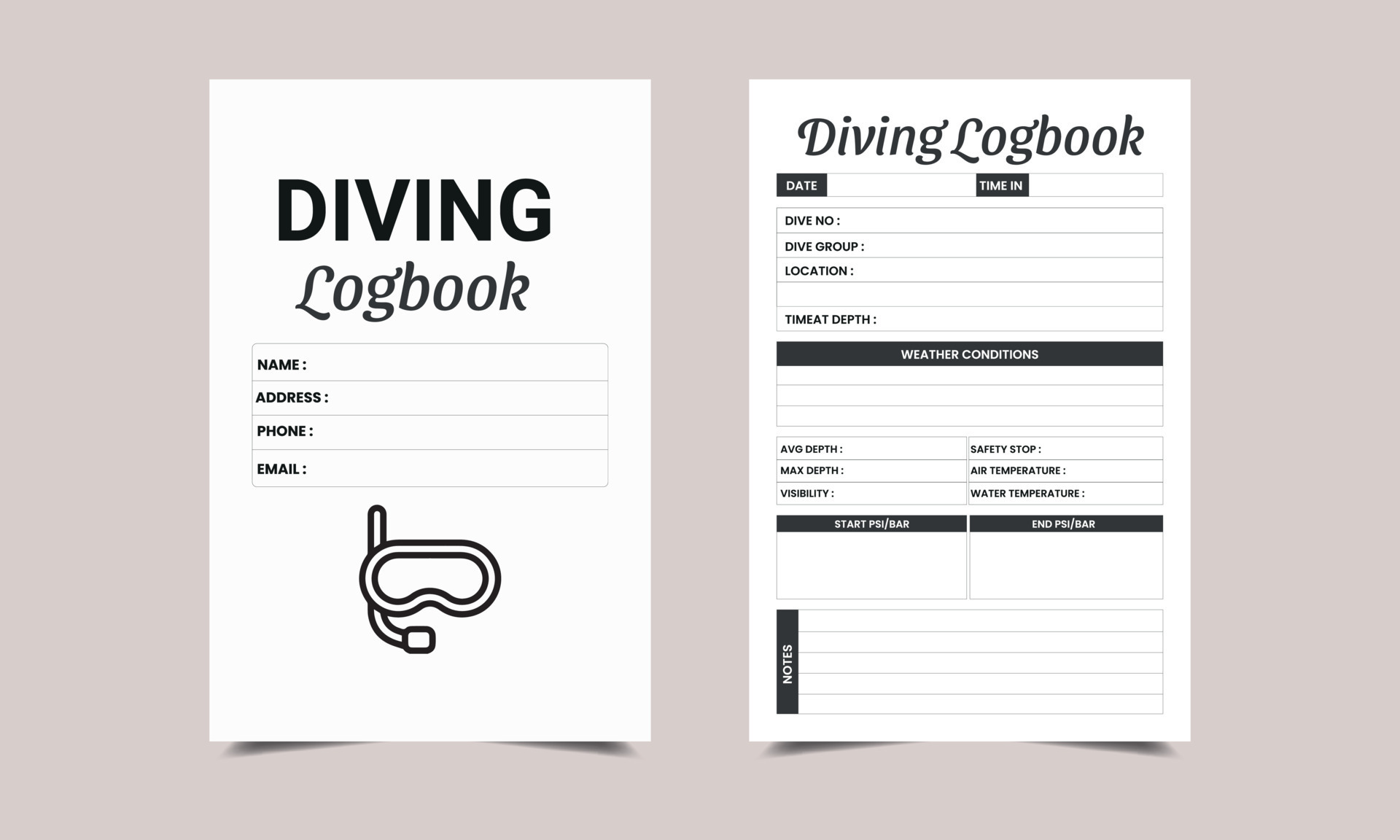 Diving Logbook book KDP Interior design. Printable logbook, Medical
