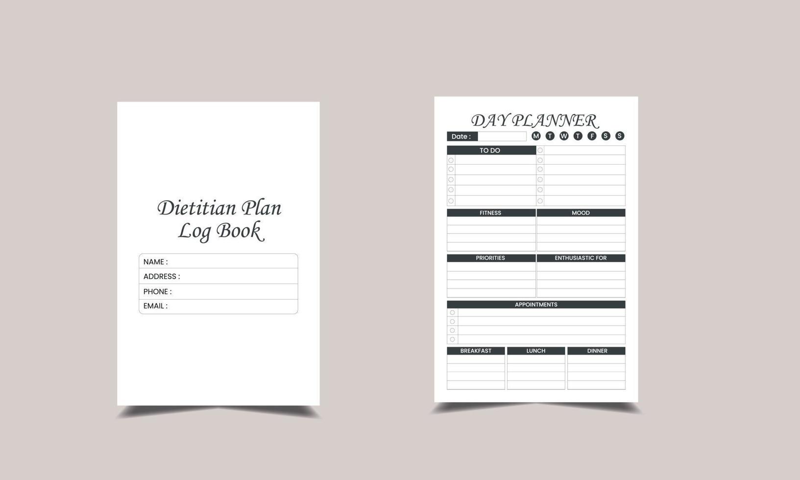 dietitian plan log book KDP Interior design. Printable logbook vector