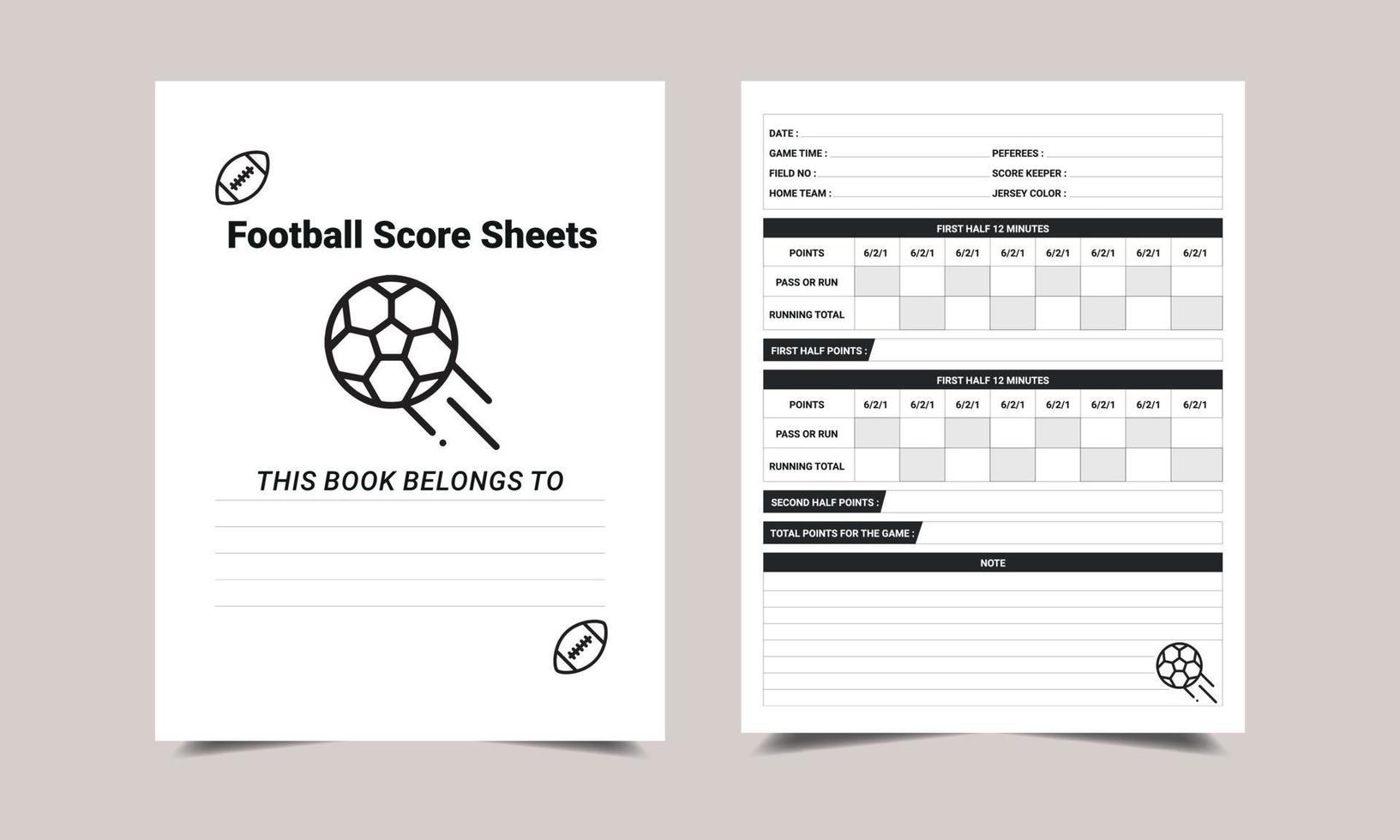 Football Score Sheets log book KDP Interior design. Printable logbook vector