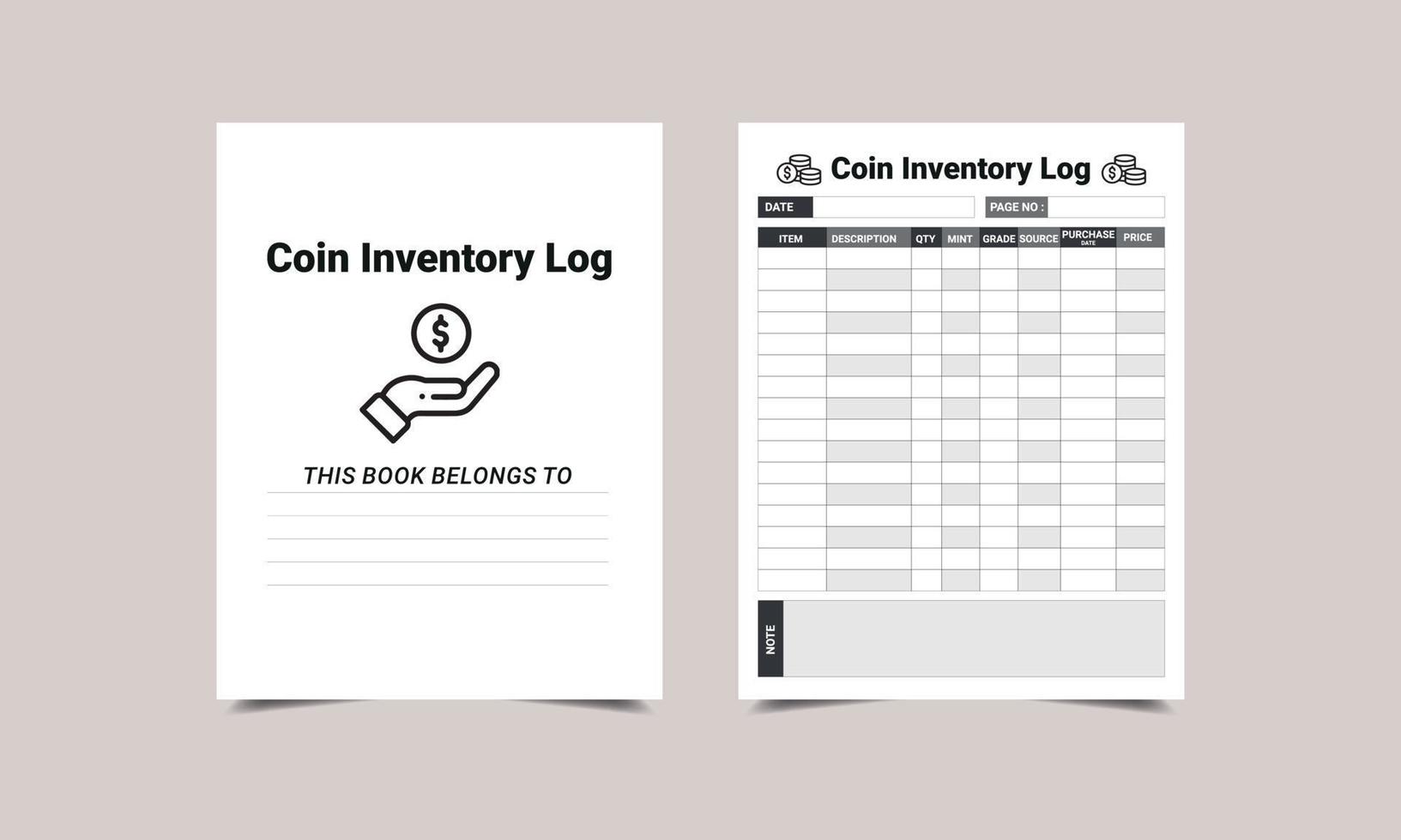 coin inventory log KDP Interior design. Printable logbook vector