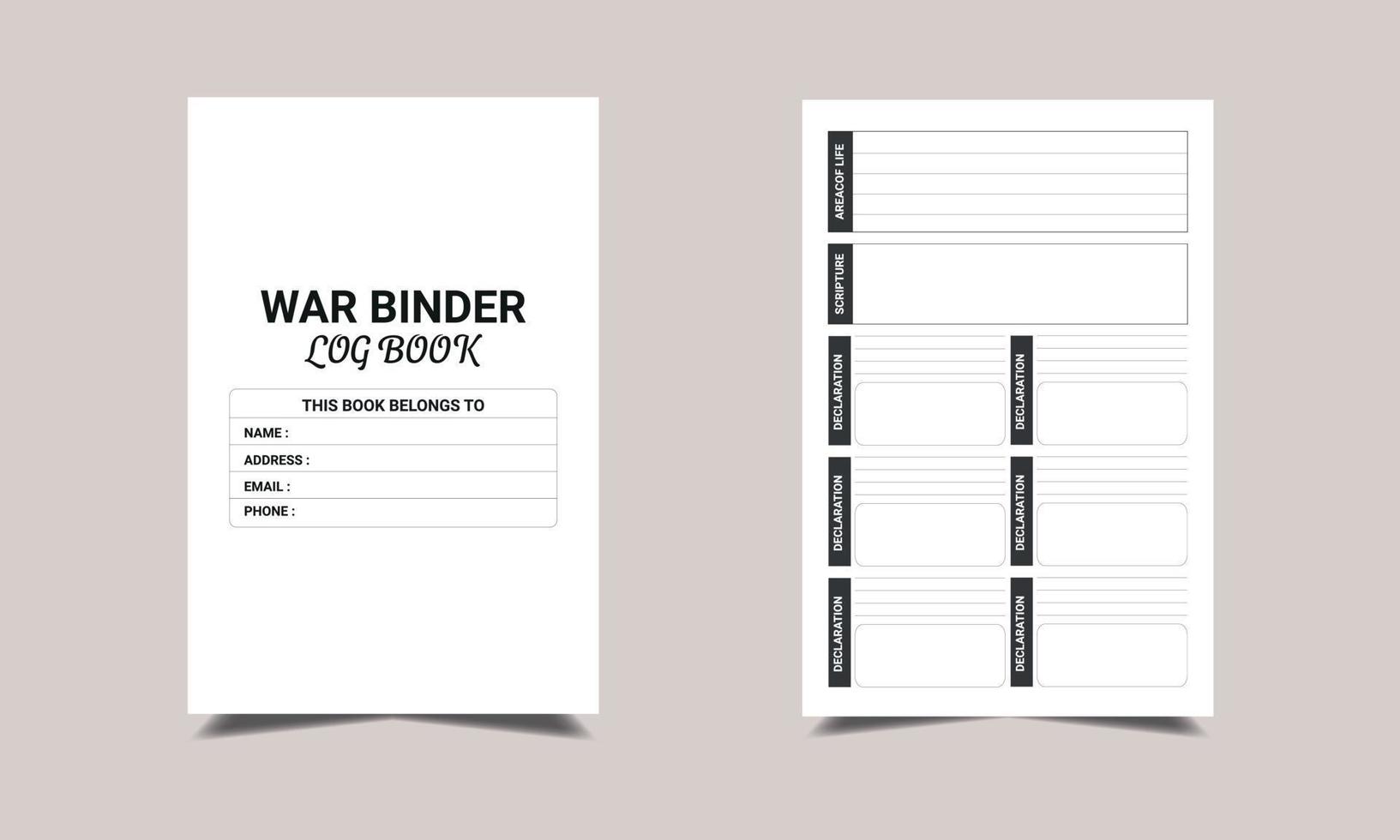War Binder log book KDP Interior design. Printable logbook vector