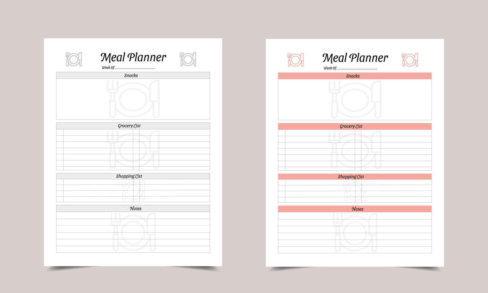 Meal Planner log book KDP Interior design. Printable logbook vector