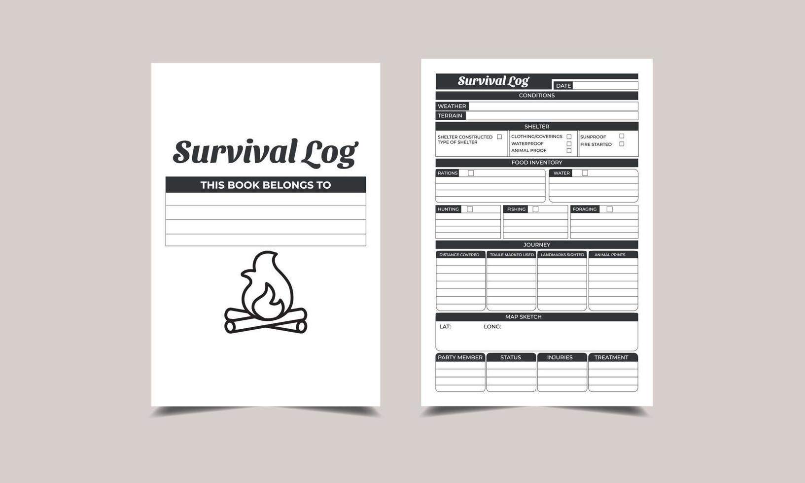 SURVIVAL LOG book planner. KDP Interior vector