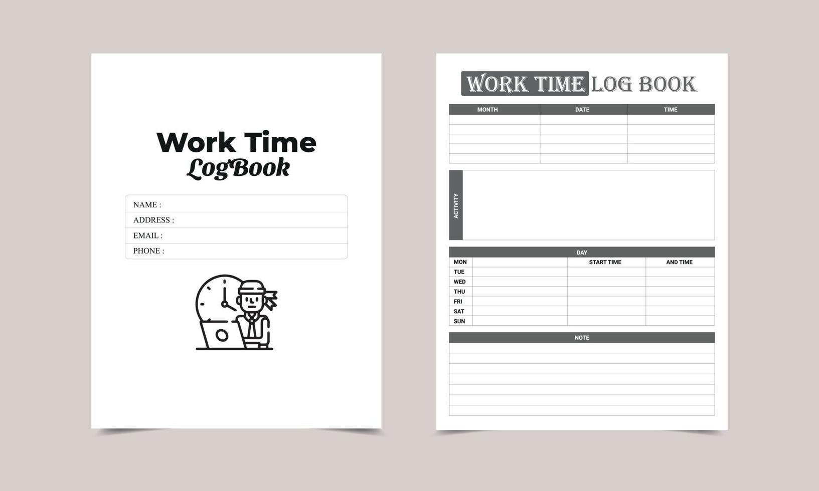 Printable Work time Logbook. Time Log Tracker. Work Time Management Tracker vector
