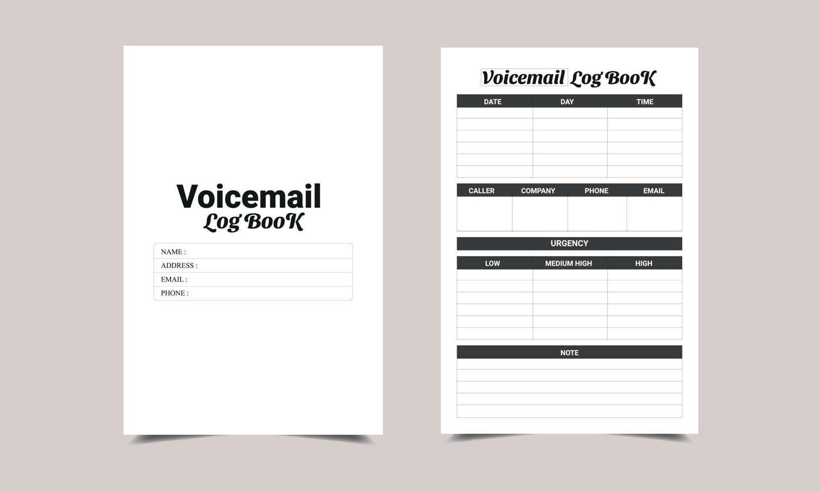 Voicemail Log BooK KDP Interior design. Printable logbook vector