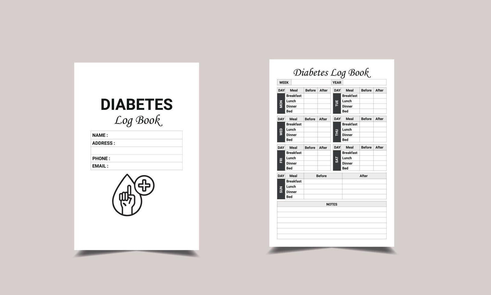 Diabetes Log Book KDP Interior design. Printable logbook vector