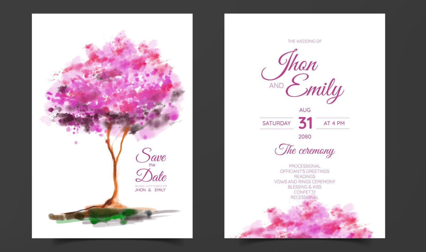 invitación de boda con fondo de árbol rosa vector