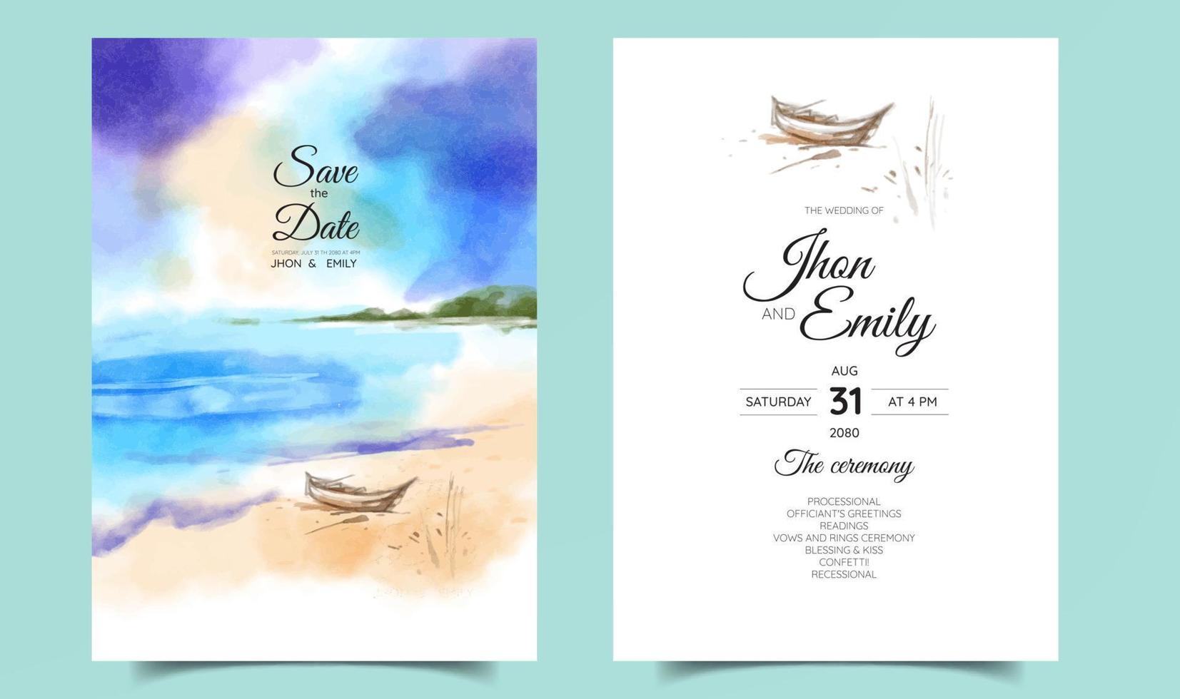 Romantic beach and fisherman watercolor background on wedding invitation vector