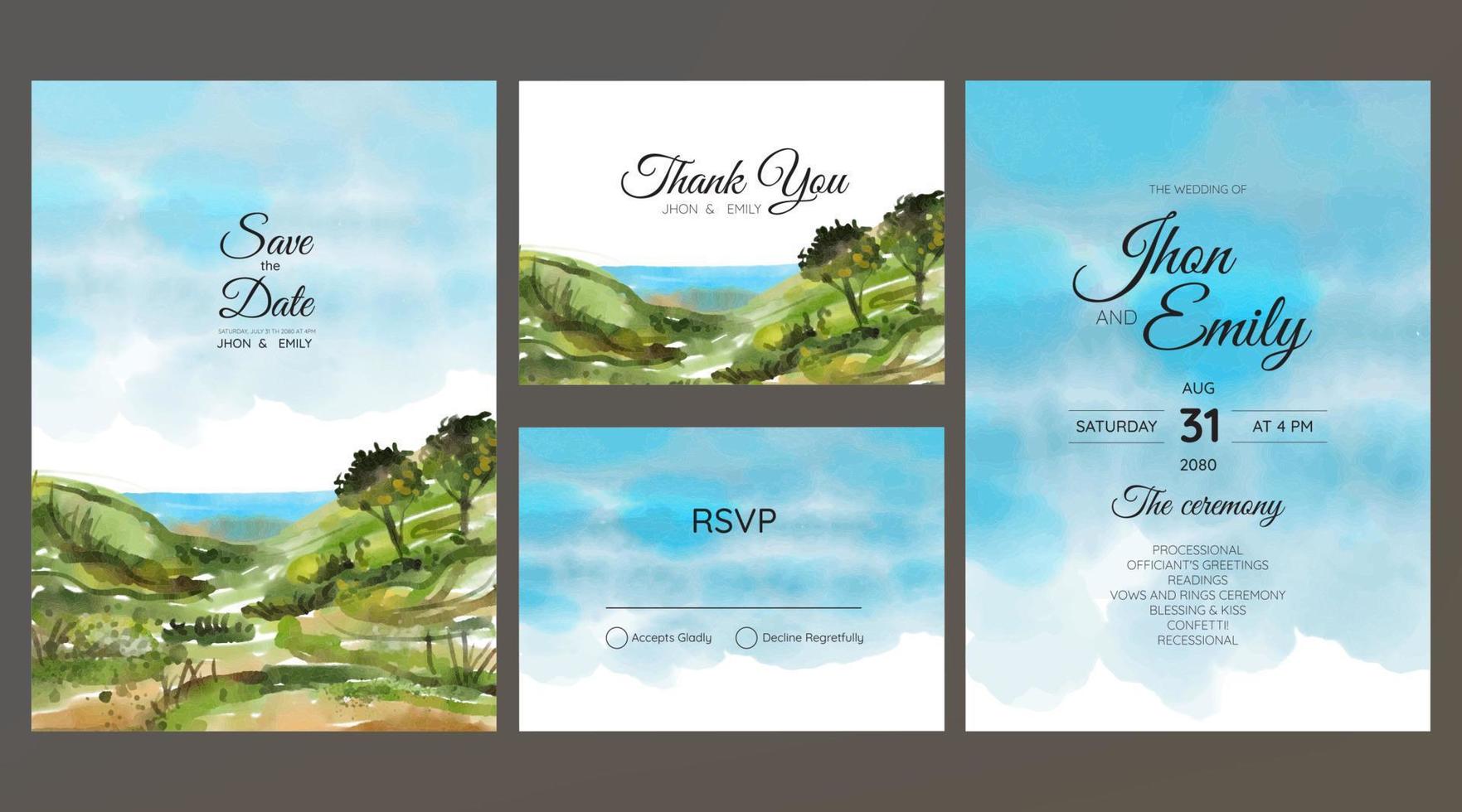 Romantic beach and fisherman watercolor background on wedding invitation vector