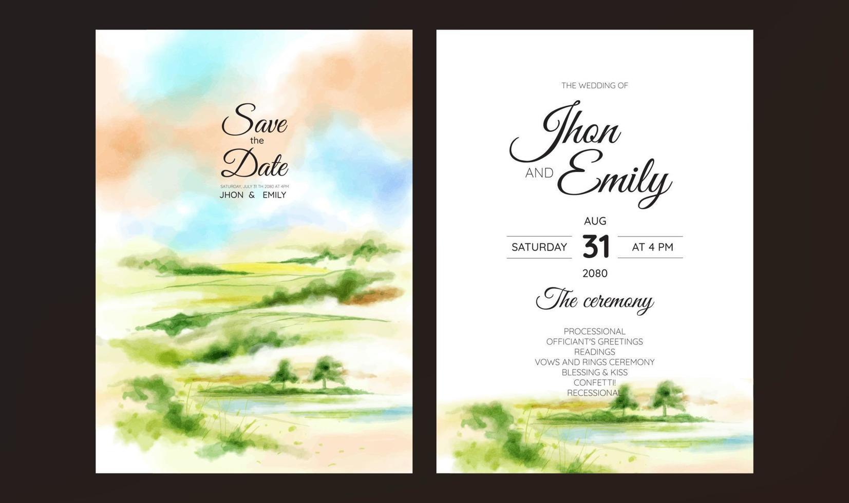 Beautiful mountain landscape watercolor background on wedding invitation vector