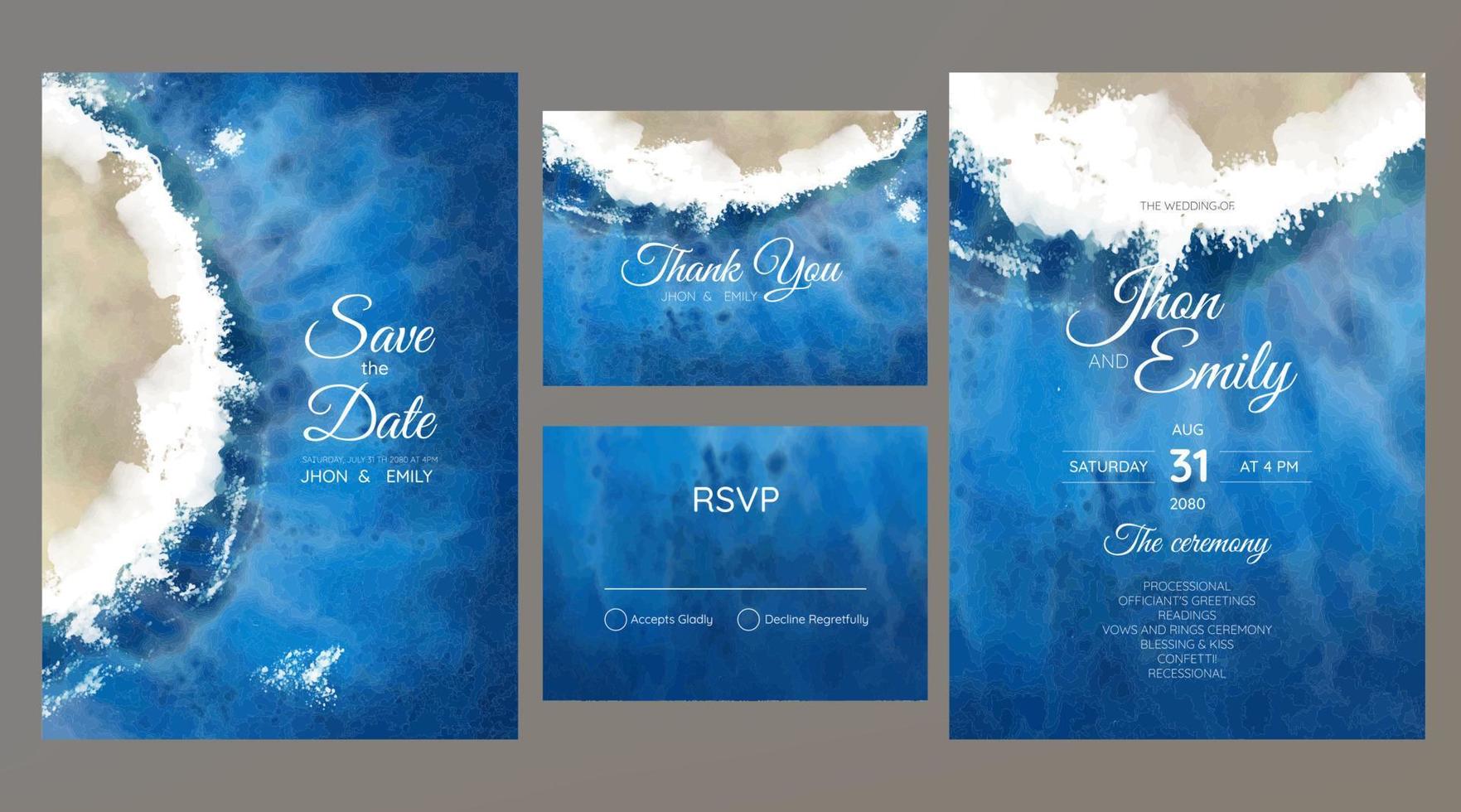 tarjetas de boda, invitación. guarde el diseño de estilo de mar de fecha. fondo romántico de verano de boda en la playa vector