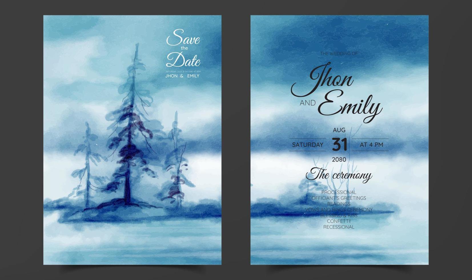 wedding invitation with landscape view watercolor background vector