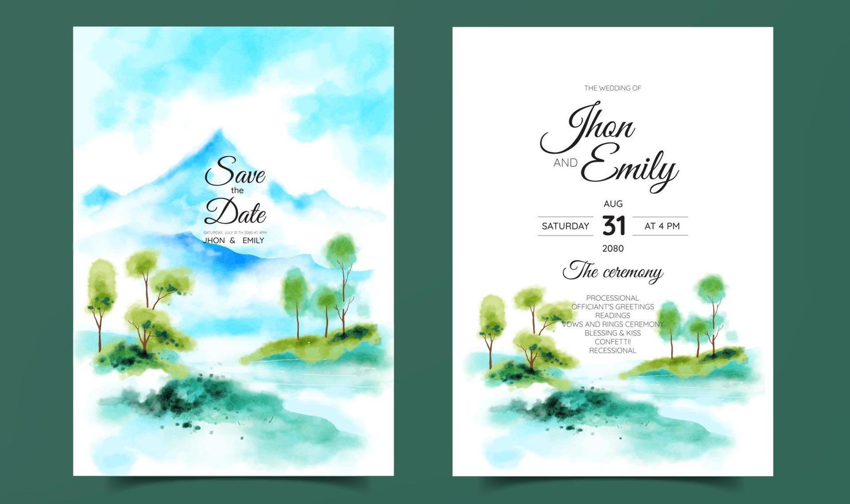 Beautiful mountain landscape watercolor background on wedding invitation vector