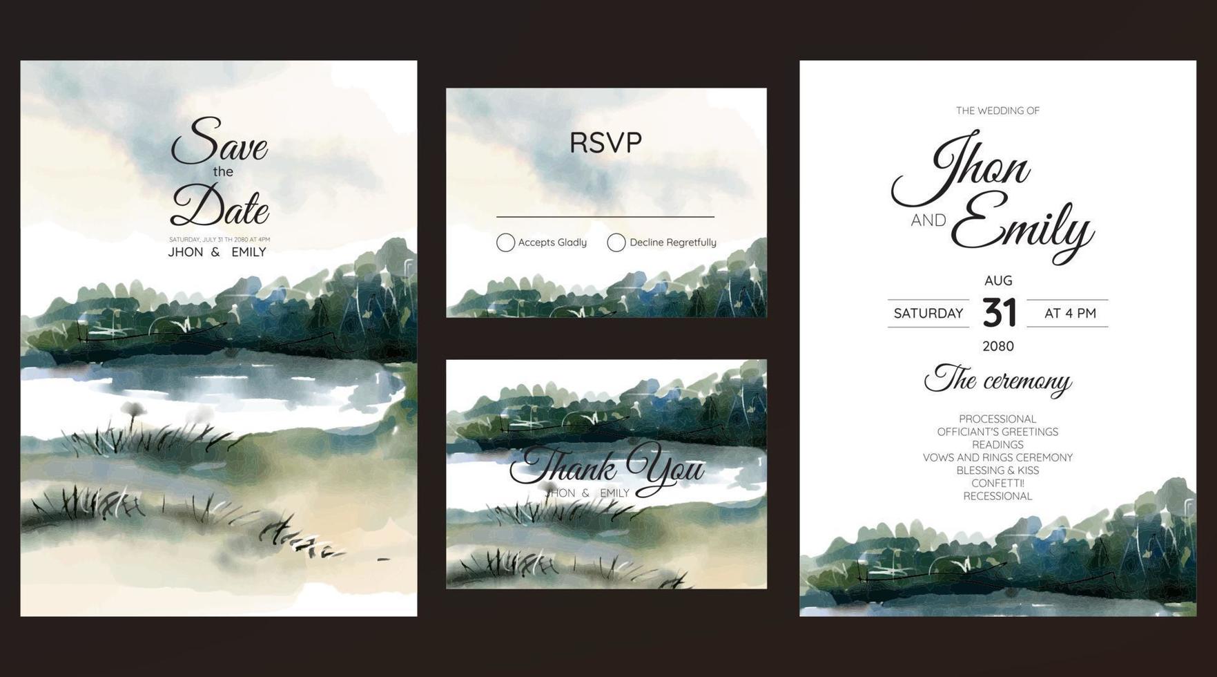 invitación de boda con fondo de acuarela de vista a la montaña vector