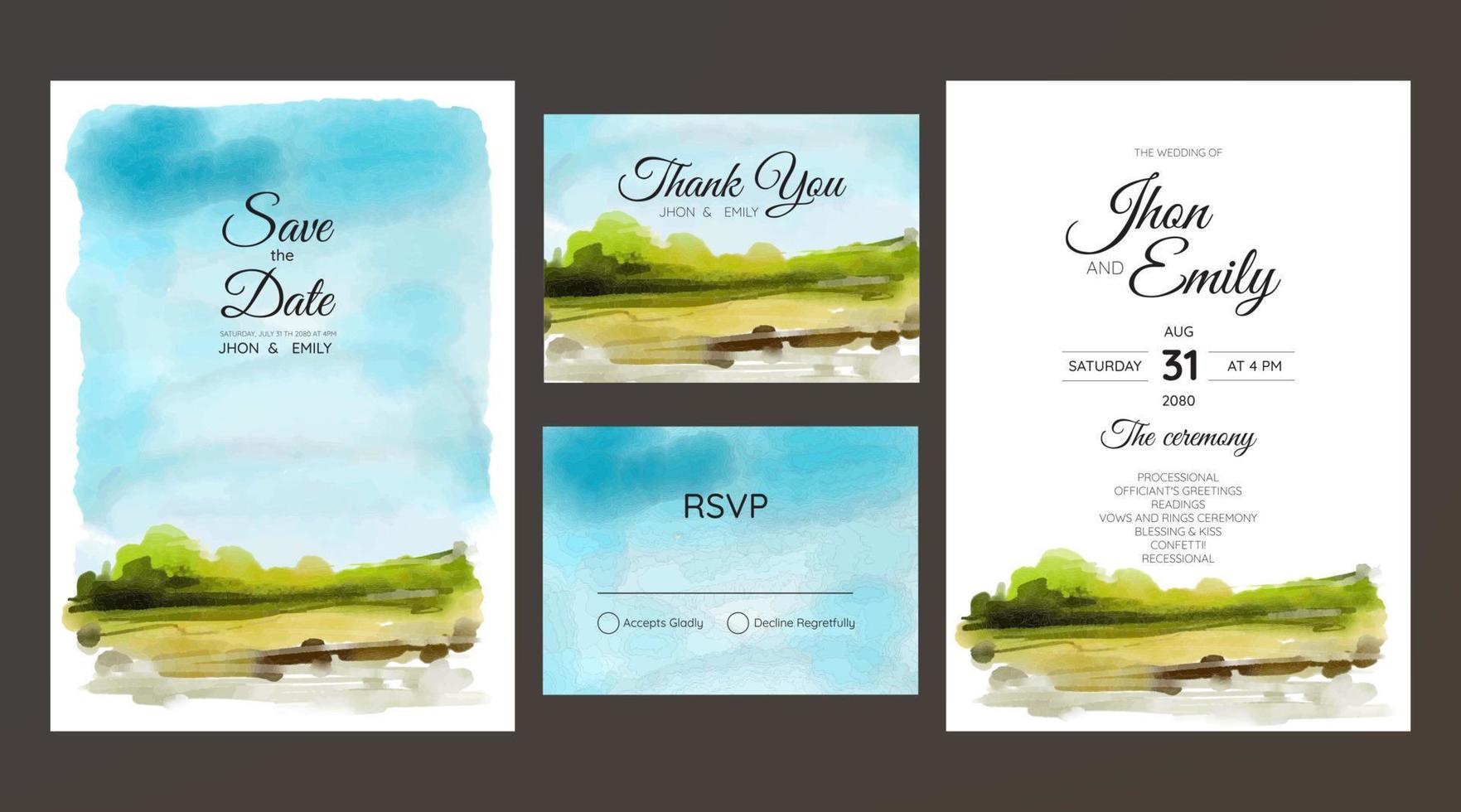 hermoso fondo de acuarela de paisaje de montaña en invitación de boda vector