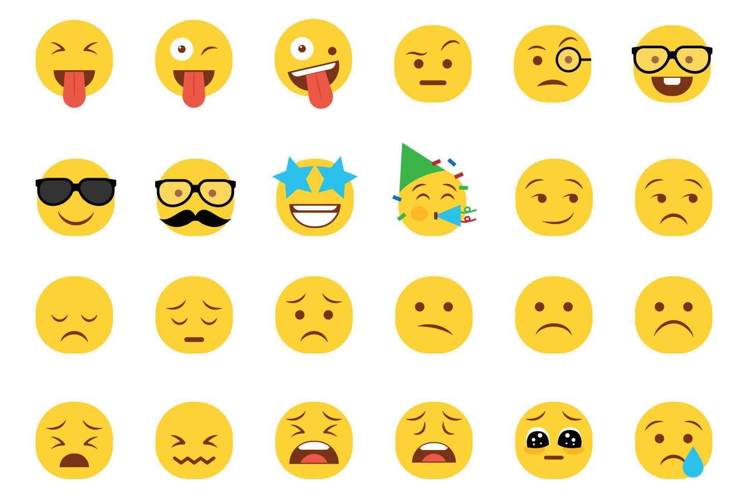 conjunto de iconos de emoticonos sonrientes. emoji de dibujos animados con sonrisa, emoción triste, feliz y plana en estilo plano vector