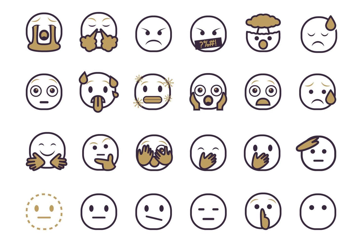 conjunto de iconos de emoticonos sonrientes. emoji de dibujos animados con sonrisa, emoción triste, feliz y plana en estilo de dos tonos vector