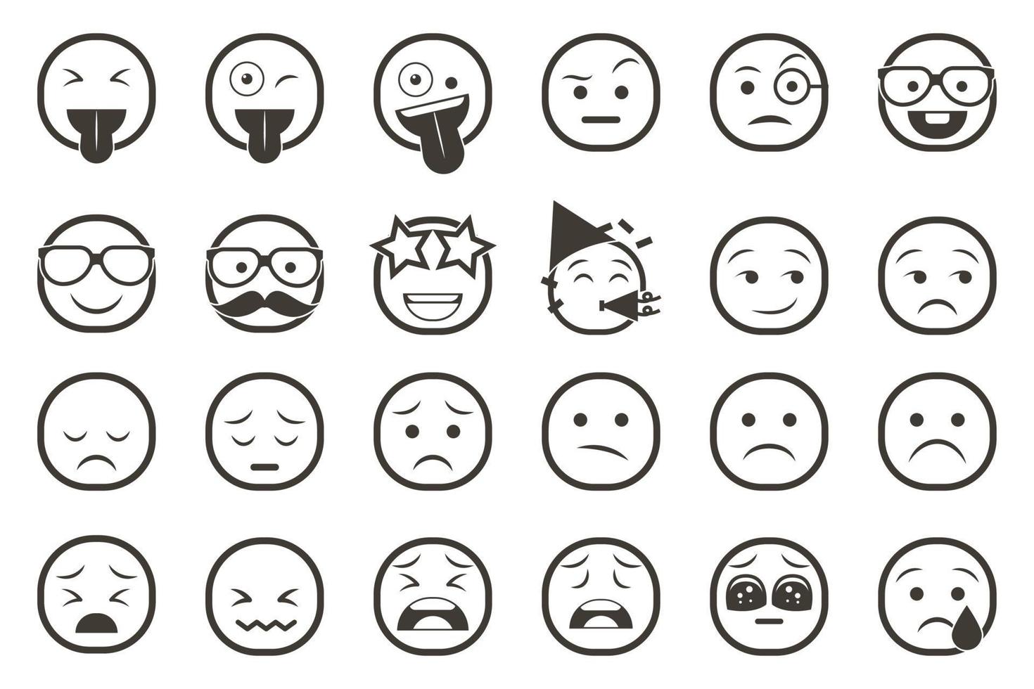 conjunto de iconos de emoticonos sonrientes. emoji de dibujos animados con sonrisa, emoción triste, feliz y plana vector