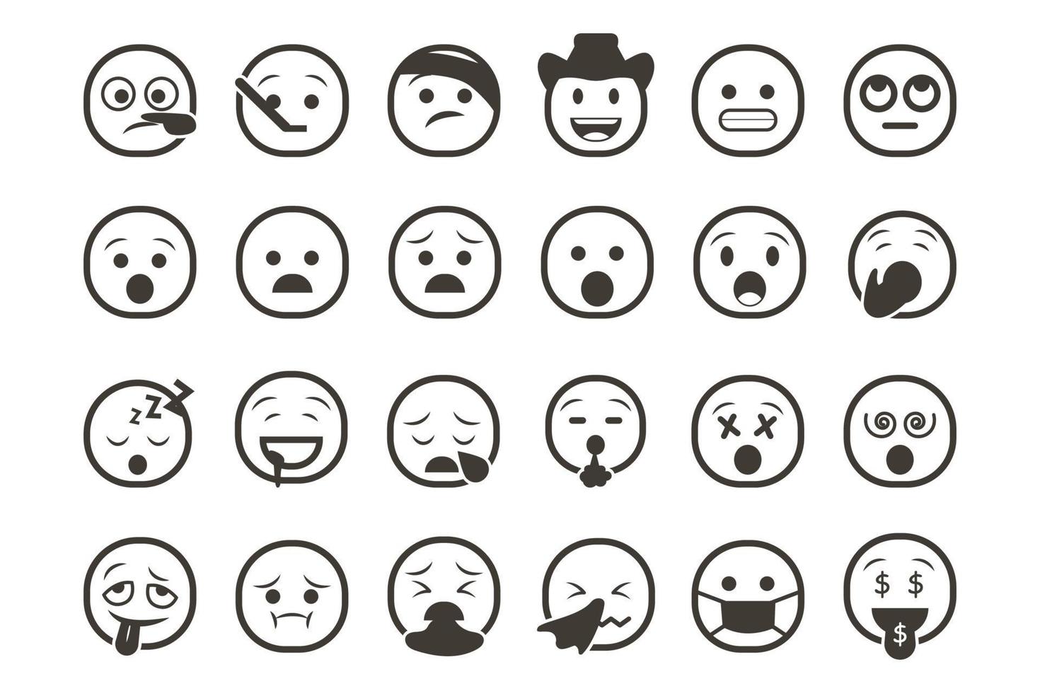 conjunto de iconos de emoticonos sonrientes. emoji de dibujos animados con sonrisa, emoción triste, feliz y plana vector