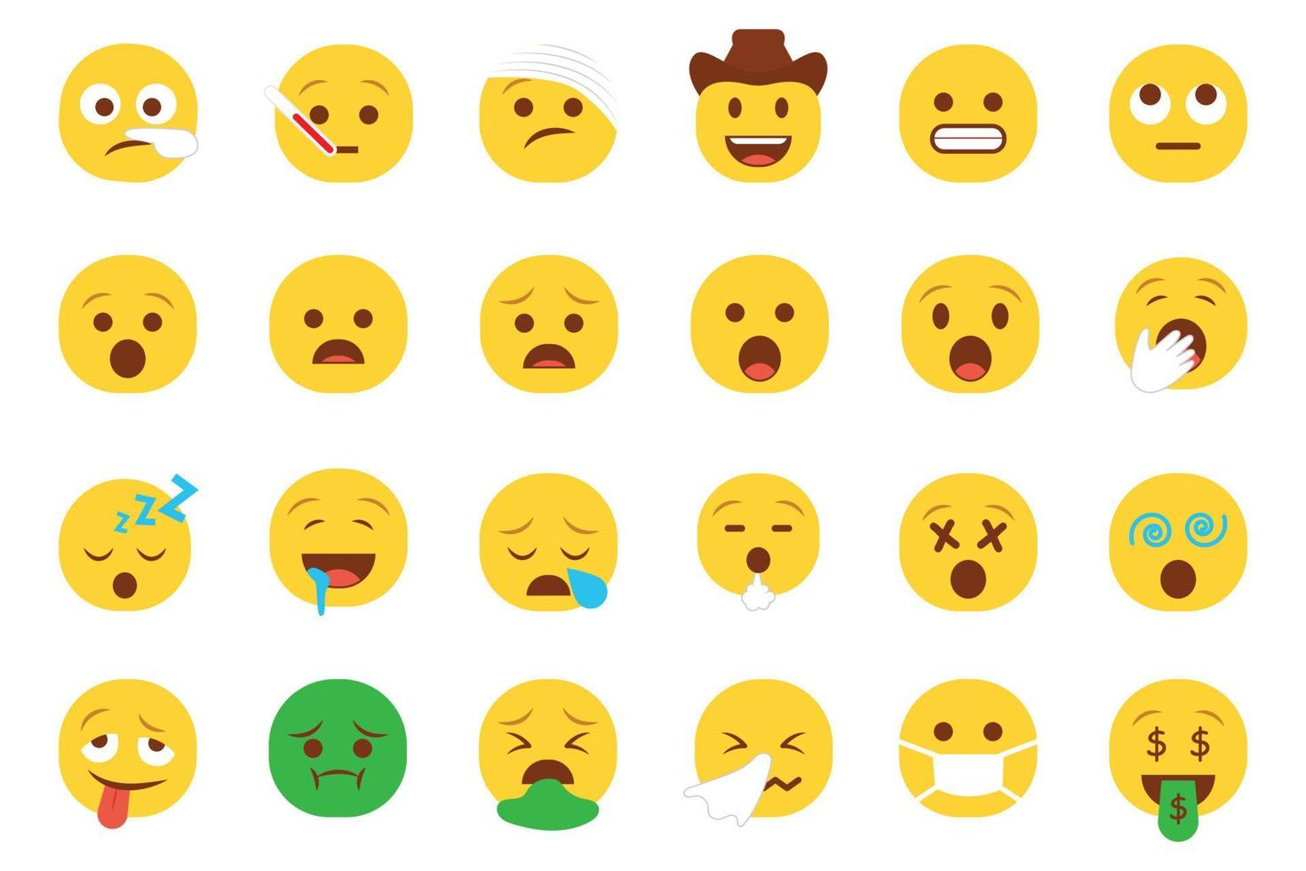 conjunto de iconos de emoticonos sonrientes. emoji de dibujos animados con sonrisa, emoción triste, feliz y plana en estilo plano vector