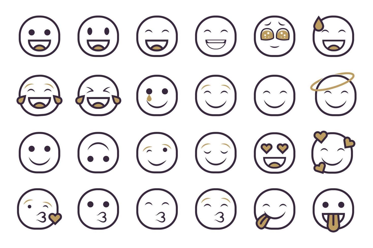 conjunto de iconos de emoticonos sonrientes. emoji de dibujos animados con sonrisa, emoción triste, feliz y plana en estilo de dos tonos vector